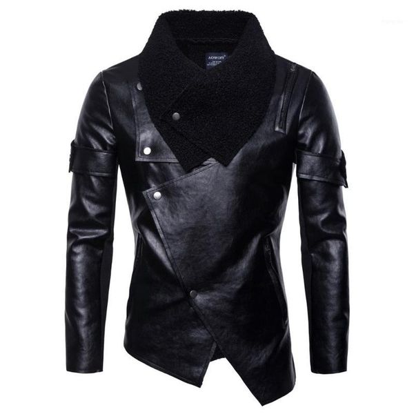 

autumn winter 2019 new european american men's locomotive leather coat with irregular personality punk leather jacket clothes1, Black