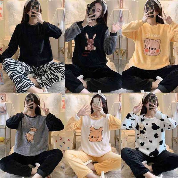 

winter pajamas ladies round neck suit flannel cartoon sweet and warm casual home service two-piece suit, Black;red