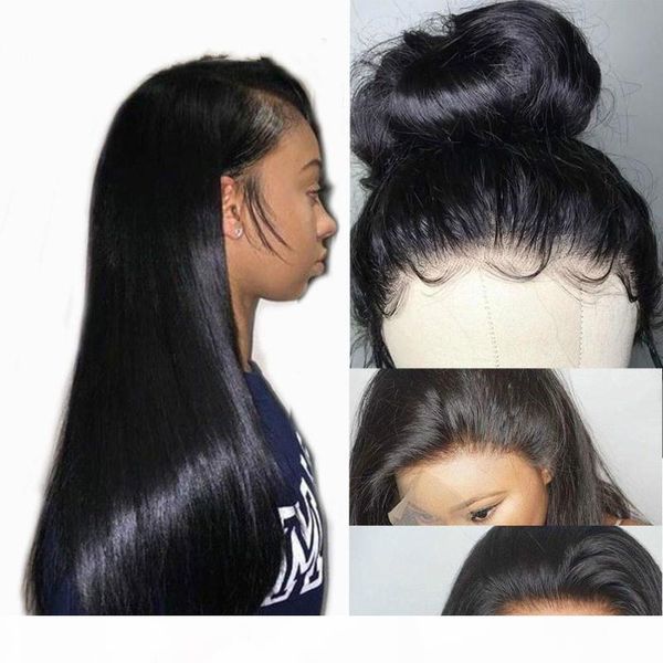 

silky straight hd lace wig pre plucked glueless virgin brazilian hd transparent full lace wigs human hair with baby hairs for black women, Black;brown