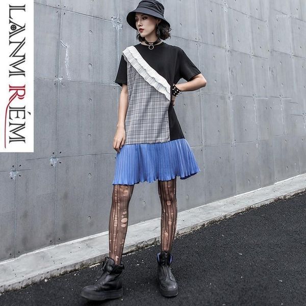 

fashion 21119 new summer fashion parttern round neck patchwork asymmetrical plaided contrast colors pullover loose dresses wg2531, Black;gray