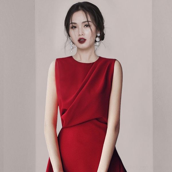 

plgof red socialite goddess fan women's dress design style small pleated irregular elegant sleeveless vest dress small summer 828ju, Black;gray