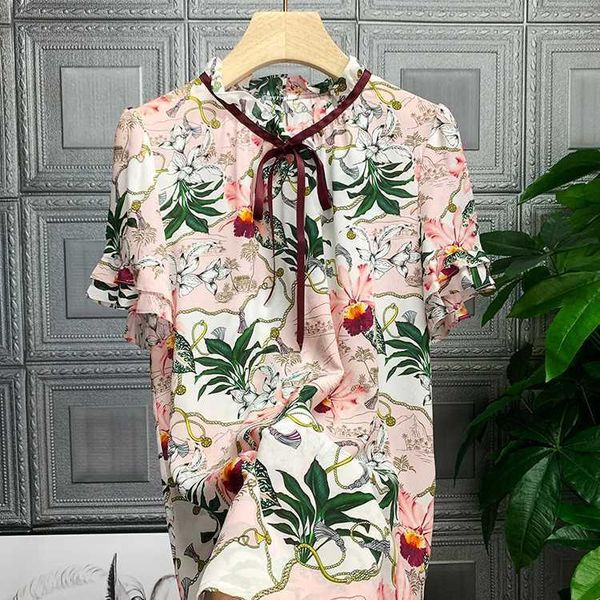 

new 100% silk blouses & shirts amorous feelings one time elegant flower lotus leaf collar ribbon silk blouse 6820401, White