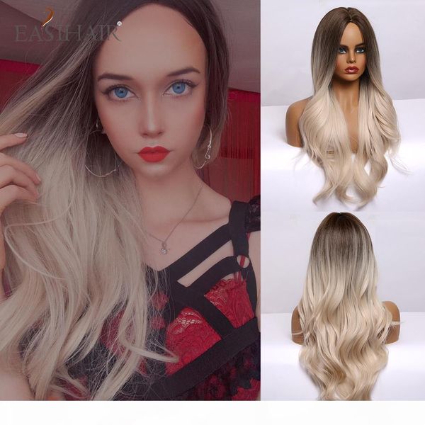 

ombre brown light blonde platinum long wavy middle part hair wig cosplay natural heat resistant synthetic wig for women, Black