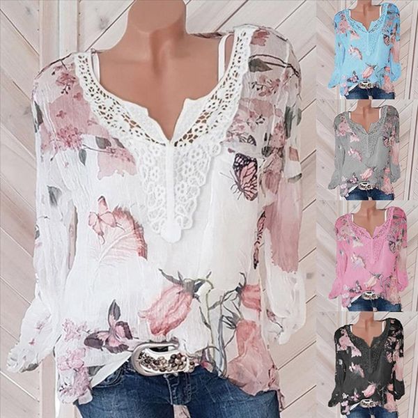 

womens clothing women blouses 2021 summer womens printed long sleeved v neck jacket fashion blouses beach shirt, White