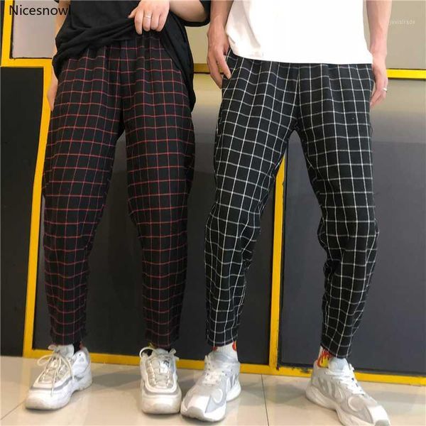 

plaid vintage harajuku pants women ankle length korean checkered trousers loose high waist pants joggers streetwear1, Black;white