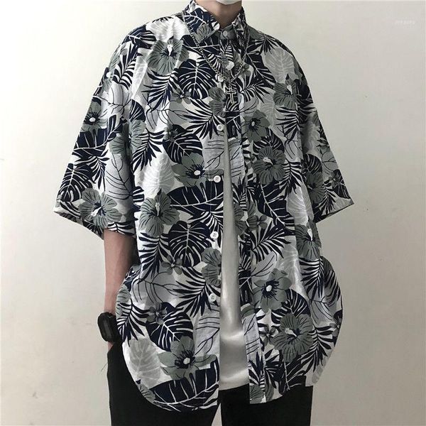 

2020 summer new youth popular korean version ins retro leaf printed short-sleeved shirt fashion casual single-breasted, White;black
