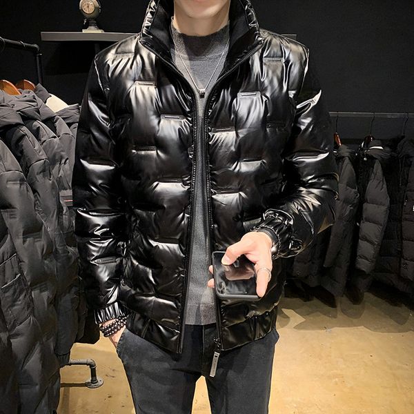 

winter short stand collar down jacket men's bright face solid large coat, Black
