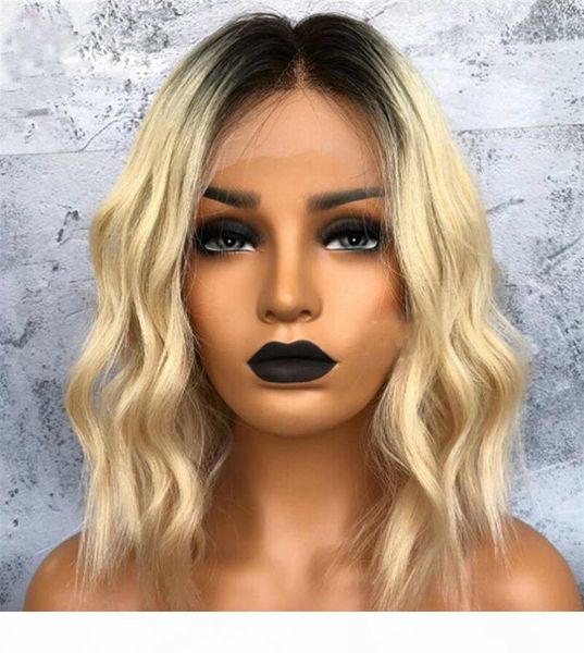 

golden blonde ombre human hair bob wigs short wavy lace front wig wob virgin brazilian hair full lace wig two tone #1b #27, Black;brown