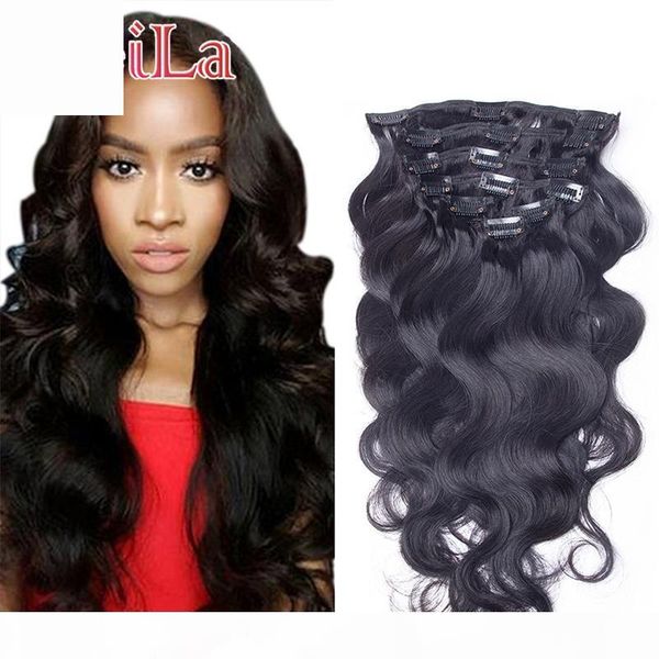 

indian human hair clip in on hair extensions 100-140 g body wave virgin hair products body weaves natural color, Black;brown