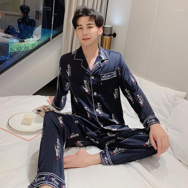 

mimi printed spring air conditioning room long-sleeved pants men's pyjamas cardigan han edition men's suit household to take1, Black;brown