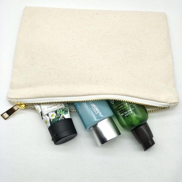 

20pcs/lot natural cotton ivory women clutch bag with matching color lining gold zip canvas cosmetic bag pencil bag 7*10in custom print