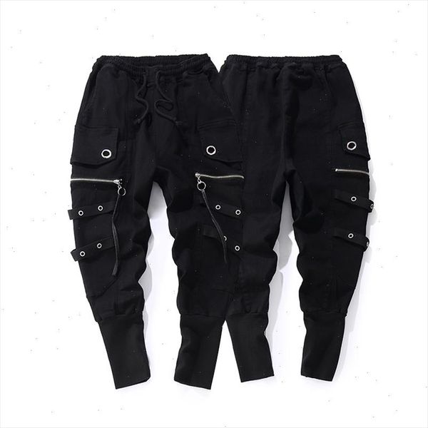 

fashion drawstring casual men joggers black sweatpants ribbon hip hop men streetwear casual trousers cross pants