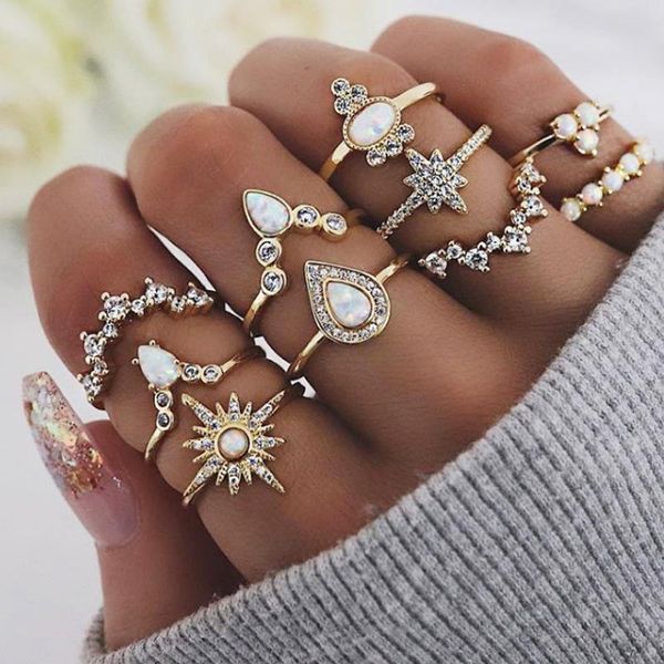

10 pcs vintage women ring fashion lady crown water drop combined knuckle ring jewelry accessories for female party gift 30m188, Golden;silver