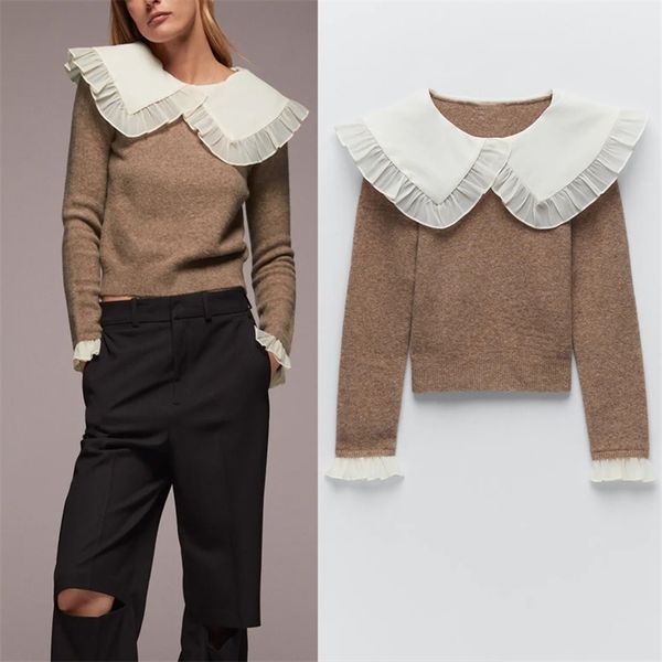 

za autumn women ruffle knit sweater ladies fashion peter pan collar long sleeve combination pullover female casual knitted 201128, White;black