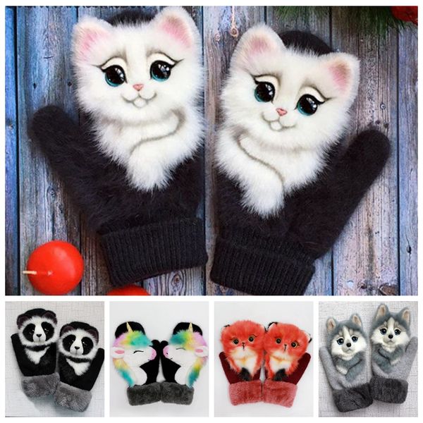 

winter gloves featured animals cat dog panda design cute warm outdoor mittens hairy kid women mittens gloves ljjp781, Blue;gray