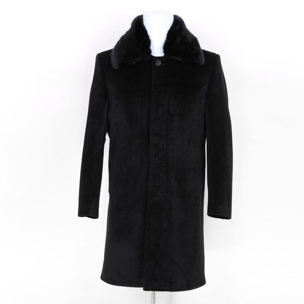 

men's wool & blends autumn winter mens thick cashmere coat business casual long woolen blend men faux fur collar overcoat windreaker, Black