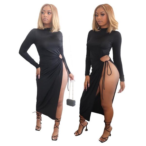 

2020 dress new autumn women's solid color long sleeve pleated slit dress party dresses women evening 2020, Black;gray