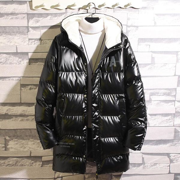 

winter men jackets hooded boys winter jackets black white coats shiny male medium length cotton-padded coat loose parkas1
