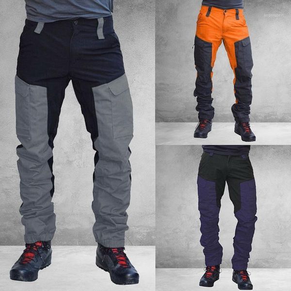 

2020 stitching color mens motorcycle pant overalls pockets slim fit pants male zipper multi pocket fashion casual trousers1, Black