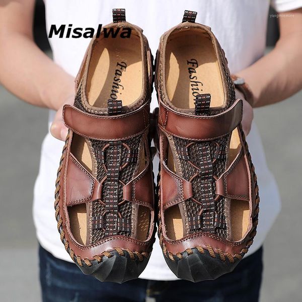 

misalwa dropship 38-48 genuine leather summer men's sandals breathable men casual loafers round toe leisure handmade men flats1, Black