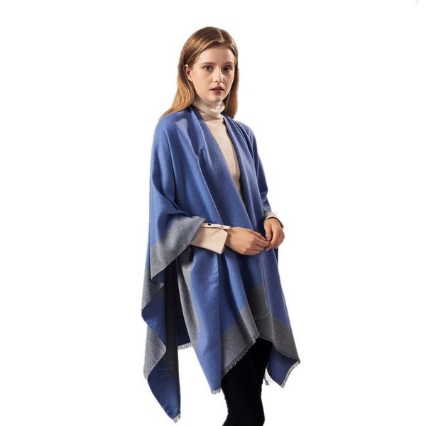 

women winter warm scarves elegant solid color autumn poncho cape fashion vintage long shawl women poncho cape 2020, Blue;gray