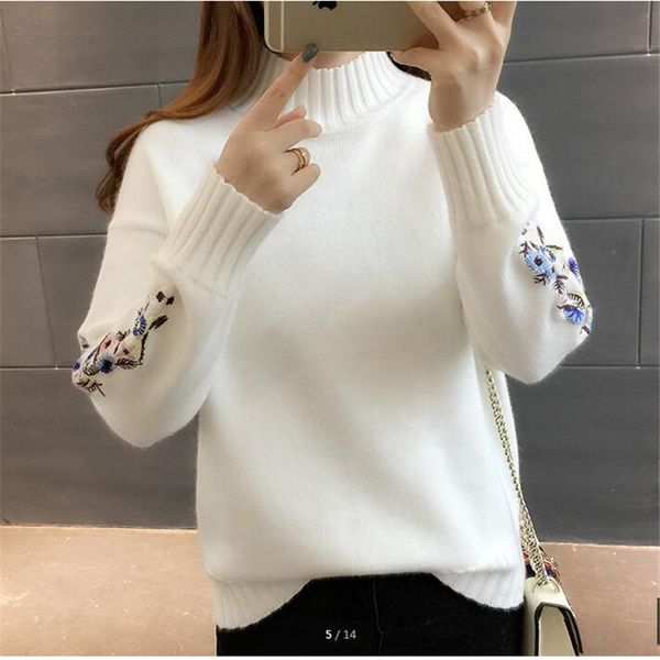 

women fashion turtleneck sweater women woman long sleeve warm sweaters embroidered knitted pullover b3965 201111, White;black