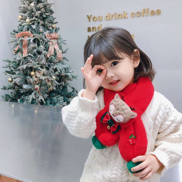 

and warm autumn winter children's cross scarf fashion imitation rabbit korean lovely soft bell bow christmas neck, Red;brown