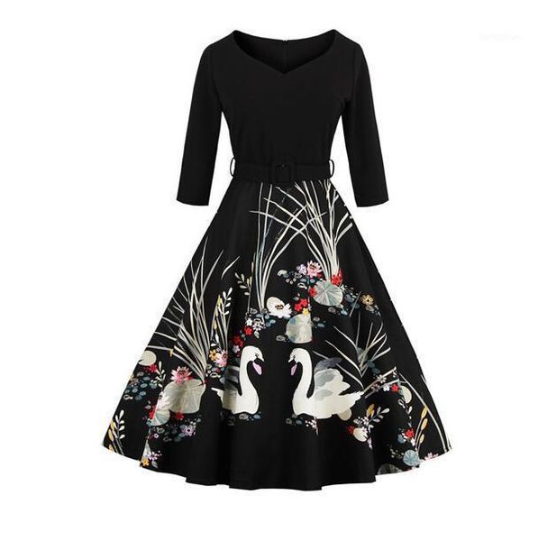 

new ladies fashion three quarter sleeve swan floral print vintage pin up belt dress ball gown1, Black;gray