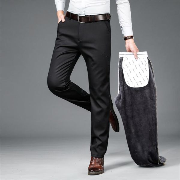 

shan bao classic letter embroidery mens business gentleman fit casual pants 2020 winter brand clothing adds thick warm trousers, Black