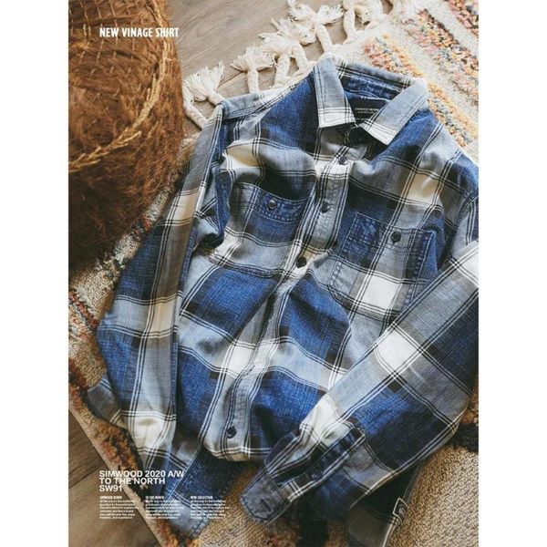 

simwood 2020 autumn plaid shirts men 100% cotton indigo check casual plus size brand clothing sj130970, White;black