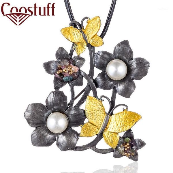 

vintage plant jewelry long necklace for women flower butterfly pendants beads black rope chain jewellery suspension choker 20201, Silver