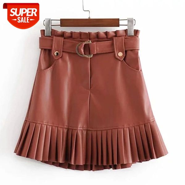 

bonjean women's pu leather pleated skirt with belt fashion high waist slim winter za skirts women female falda #cj4n, White;black