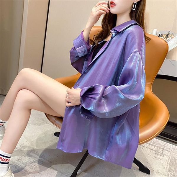 

new shiny shirt female design sense korean loose casual autumn blue shirt blouse light and refreshing loose elegant1, White