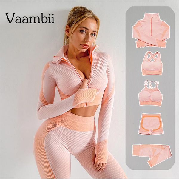 

5 piece seamless yoga gym workout set womens bra set with shorts long sleeve sport yoga gym wives fitness workout 2021 suit, White;red