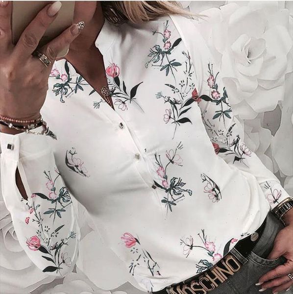 

womens heart print blouse shirt 2021 autumn casual long sleeve v neck shirts ladies fashion elegant buttons flower blouses, White