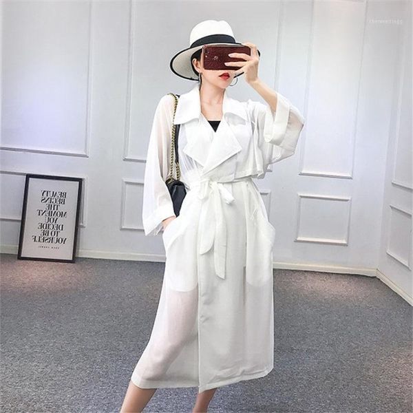 

new fashion chiffon windbreaker female summer jacket thin korean loose long sunscreen clothes oversized sashes beach tunic f8491, Tan;black