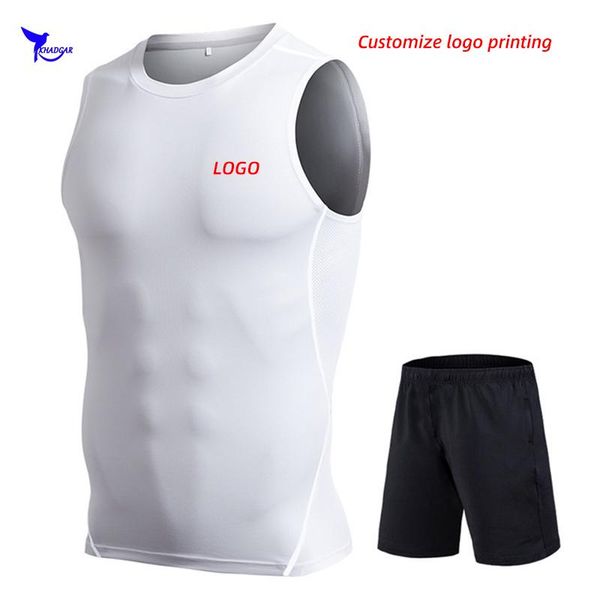 

custom logo stretch tank shorts men's 2 pcs running set summer sport sleeveless quick dry sport suit fitness gym sportswear, Black;blue