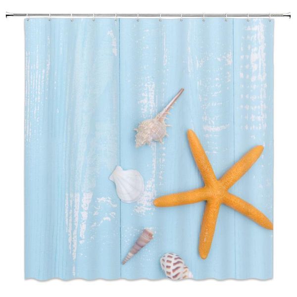 

marine life theme shower curtains conch shell starfish blue background bathroom decor waterproof cloth curtain set1