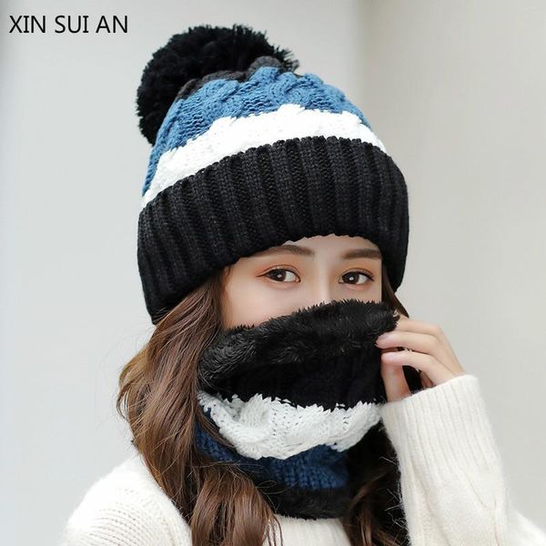 

new winter hats women thick knit warm beanies hat bib female windproof cycling wool stitching knitting hedging caps neck sets, Blue;gray