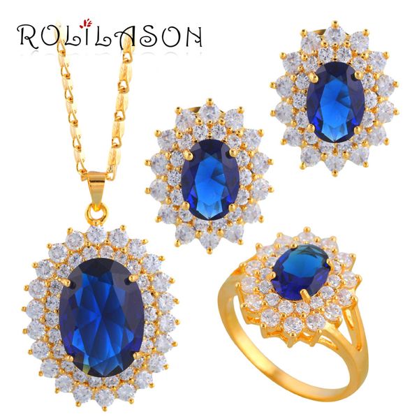 

rolilason oval gold tone earring pendant necklace jewelry set ring blue zirconia crystal health sz #5.75#6.75#7.75#8.5 js076, Silver