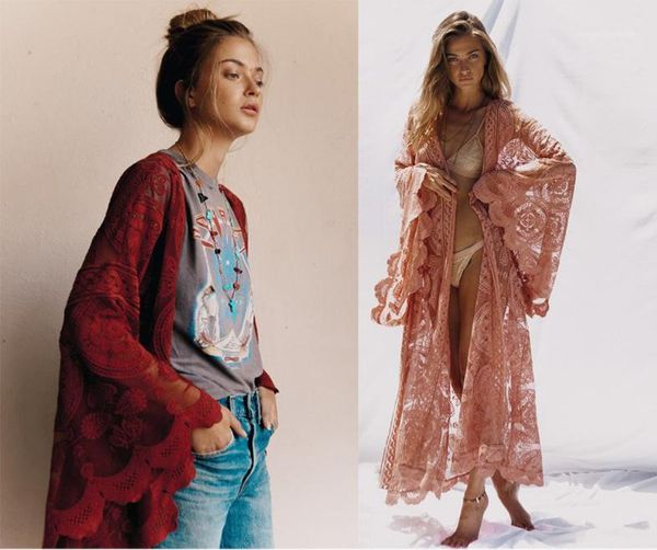 

women's blouses & shirts 2021 bohemian pink cardigan lace floral embroidery blouse horn long sleeve perspective shirt beach wear gypsy, White