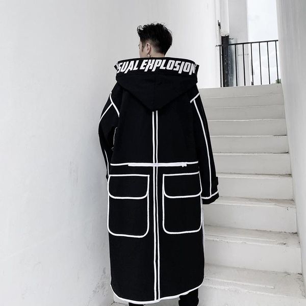

men's trench coats loose hooded long coat black white mixed color splittable windbreaker outwear c4, Tan;black