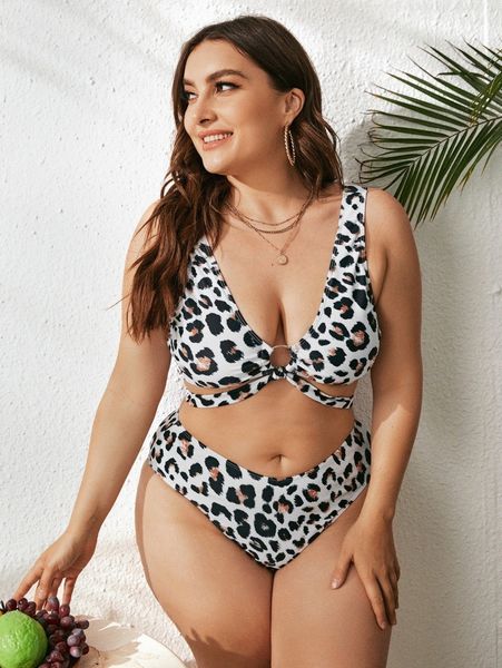 

plus leopard ring linked knot bikini swimsuit n5ye#, Black