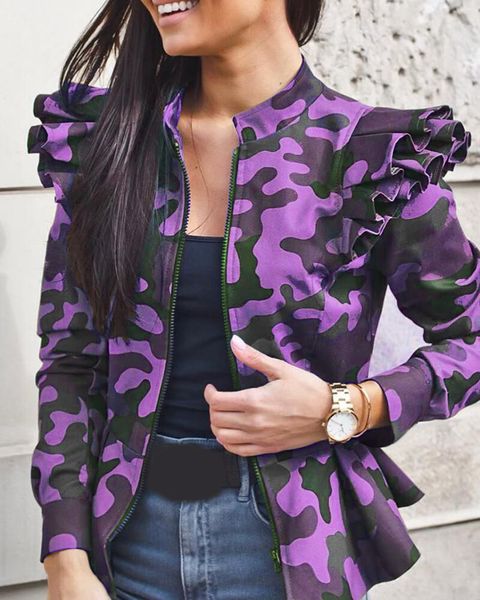 

new womens designer coats autumn winter zipper fly ruffle camouflage print jacket fashion casual female clothing, Black;brown