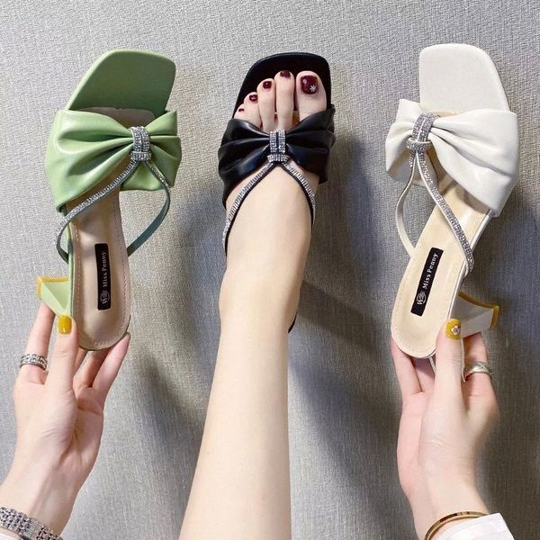 

2021 summer new high-heeled slippers female bow-tie wear open-toed half-drag square head fashion wild fairy trend zapatos mujer #7r62