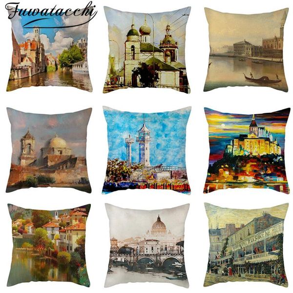 

fuwatacchi oil painting cushion covers landscape pattern pillow covers linen for home sofa decorative pillow case funda cojin