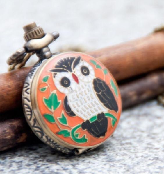 

students glue owl pocket watch quartz 27mm necklace vintage jewelry wholesale korean sweater chain european and american hanging watch, Slivery;golden