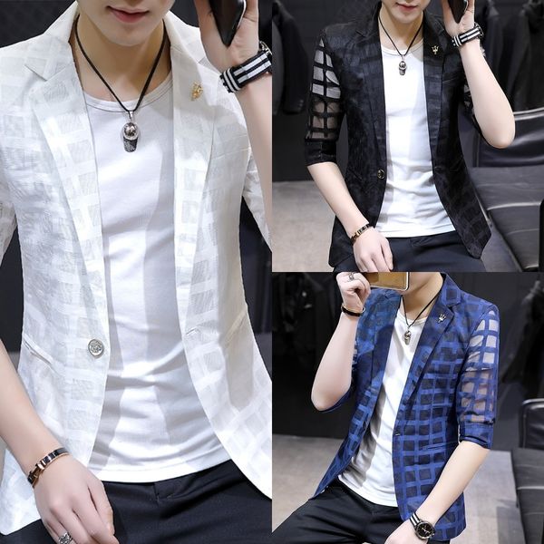 

zqxh9 men's ispcl 7 thin sleeve suit blazer hollow out coat fashion men's summer korean 4 medium coat coatsleeve hairdresser perso, Blue