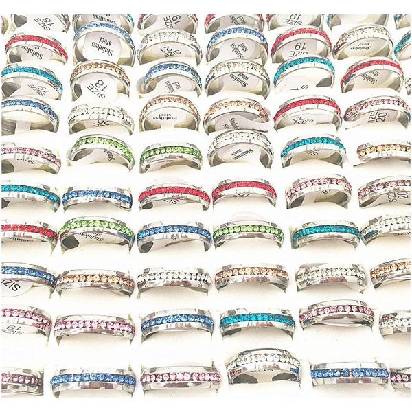 

20pcs/pack assorted 6mm single-row full crystal stainless steel jewelry ring for mens womens weddin wmtakh homes2007, Slivery;golden