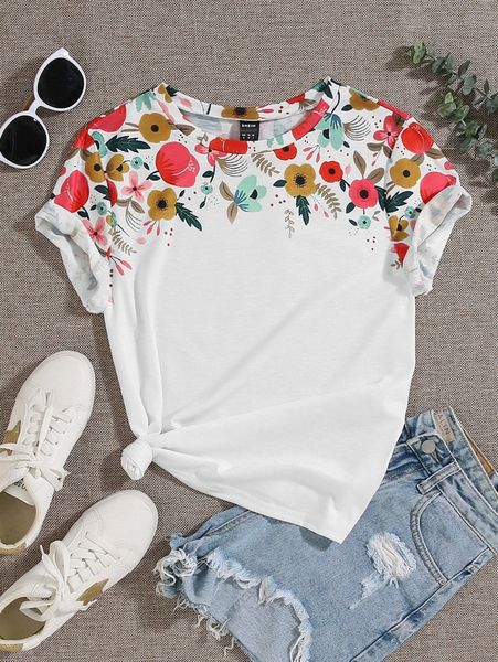

floral print round neck tee c8sy#, White